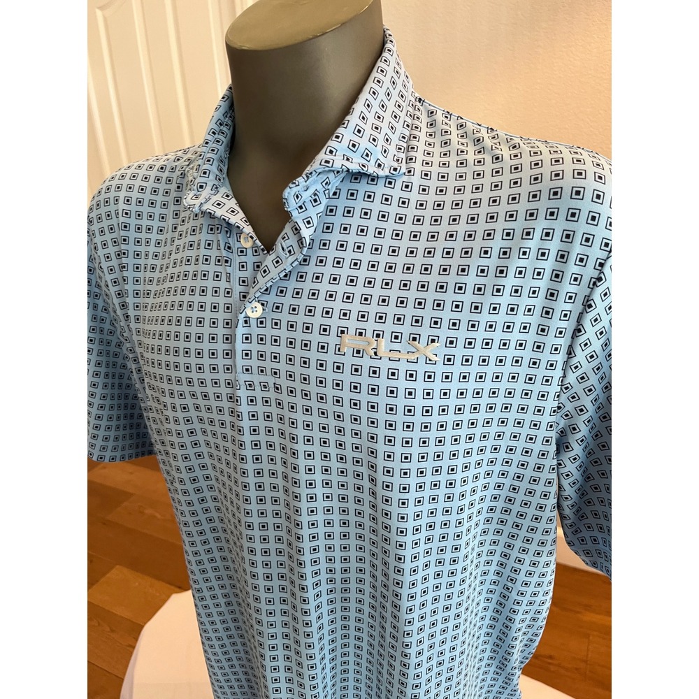 RLX Ralph Lauren Golf Polo Shirt Mens Large Blue Geometric Stretch Excellent